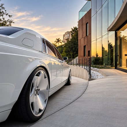 Rolls-Royce Phantom rear three-quarter, driveway curve