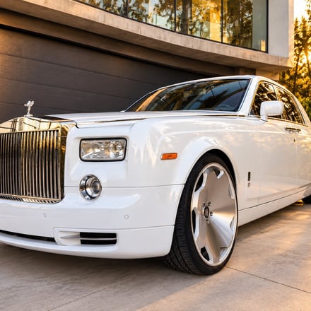 Rolls-Royce Phantom front three-quarter, golden hour
